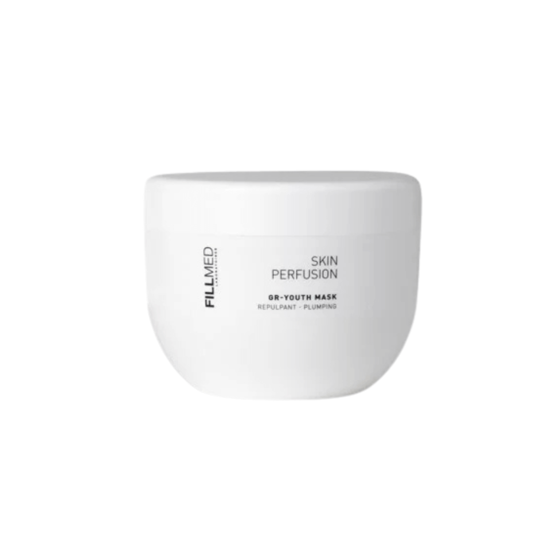 White jar of Fillmed Skin Perfusion GR-Youth Mask 500ml, plumping mask to prevent dehydrated skin and enhance radiance.