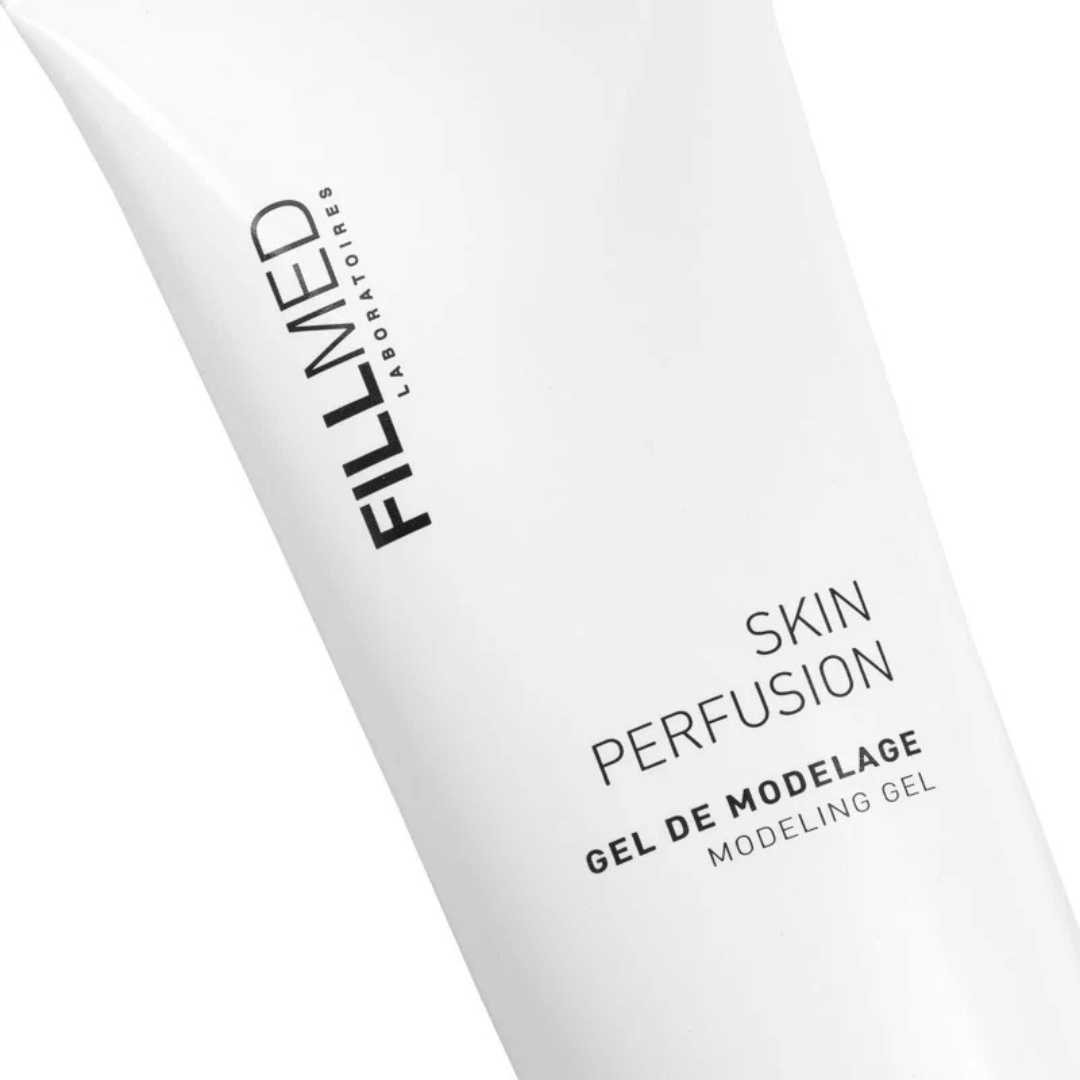 Close-up of FILLMED Skin Perfusion Modeling Gel tube, white packaging, 250ml, nourishes and moisturizes skin, ideal for massaging.