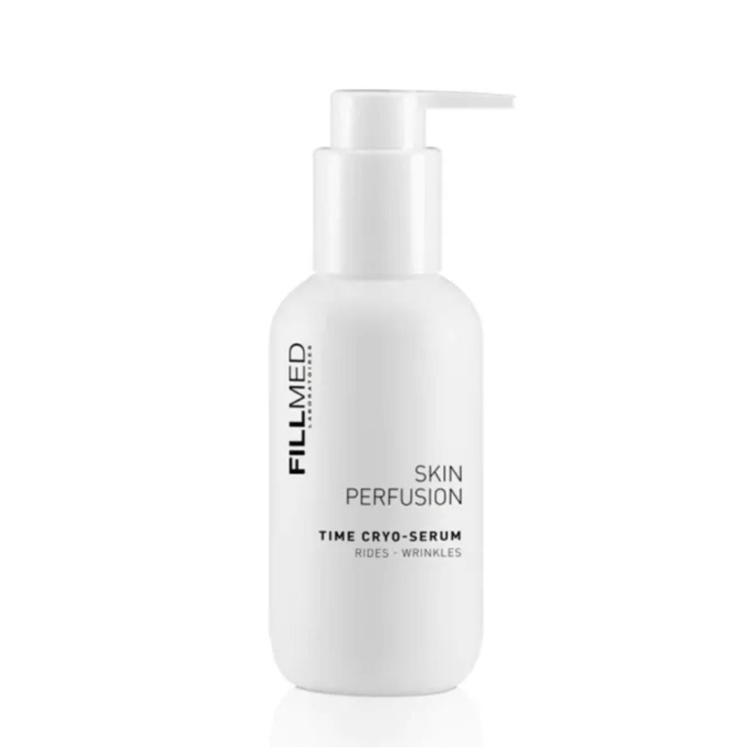 White 100ml bottle of FILLMED Skin Perfusion Time Cryo Serum, smooths wrinkles, stimulates collagen synthesis.