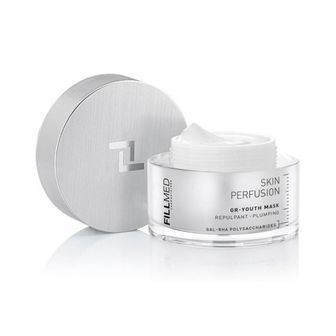 Open 50ml tub of FILLMED Skin Perfusion GR-Youth Mask, creamy texture, plumps, hydrates, and improves skin radiance.