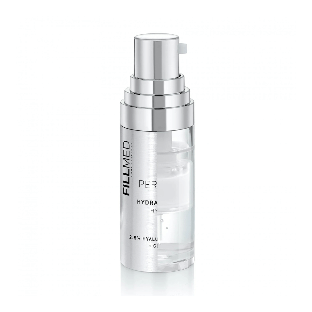 Transparent bottle of FILLMED Skin Perfusion Hydra Booster, 2.5% hyaluronic acid, boosts skin moisture and radiance, 10ml.