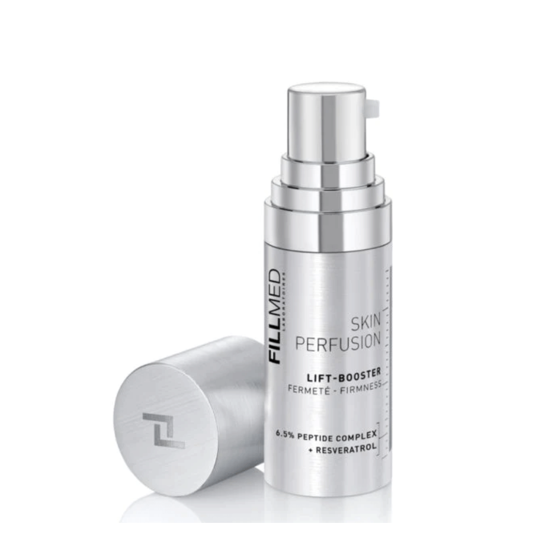 FILLMED Skin Perfusion Lift-Booster bottle with lid off, 6.5% peptide complex, firms skin, boosts collagen and elastin, 10ml.