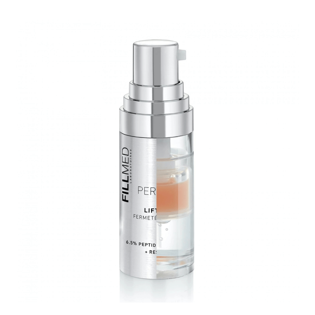 Transparent bottle of FILLMED Skin Perfusion Lift-Booster, 6.5% peptide complex, enhances skin firmness, boosts collagen and elastin, 10ml.