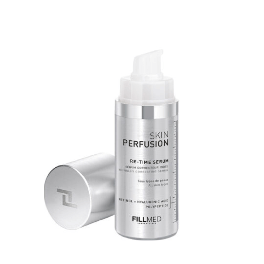 FILLMED Skin Perfusion RE-Time Serum in a silver and white pump bottle, 30ml, combats ageing signs like dehydration and wrinkles.