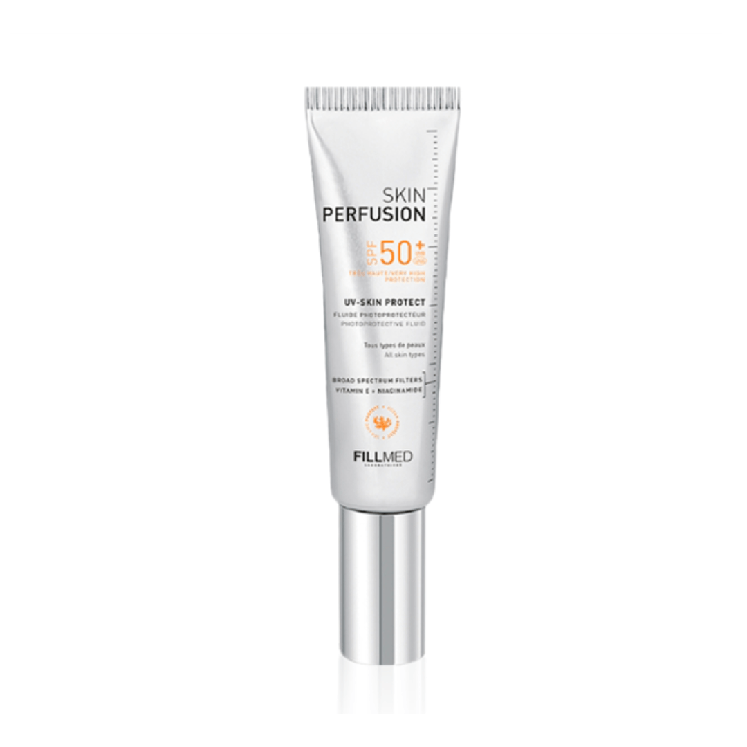 Tube of FILLMED Skin Perfusion UV Skin Protect SPF 50+, 50ml, very high sun protection, hydrates, prevents photo-aging, suitable for post-treatment skin.