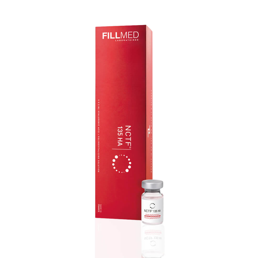 FILLMED NCTF 135HA box and vial, a mesotherapy product aimed at hydrating skin and improving skin tone, contains five 3ml vials.