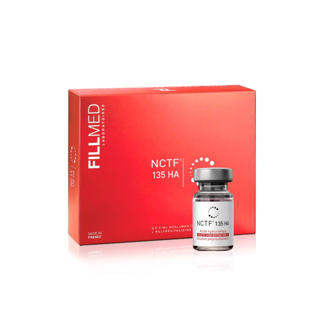 FILLMED NCTF 135HA with a red box packaging and a single vial displayed beside it, used for skin hydration and revitalization, contains five 3ml vials.