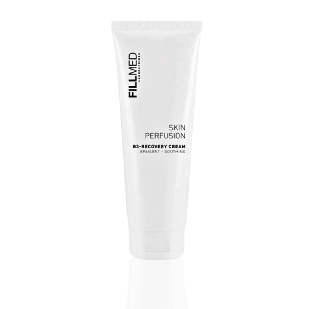 White tube of Fillmed Skin Perfusion CAB B3 Recovery Cream 250ml, soothes and rehydrates sensitive skin, ideal for post-procedure healing.