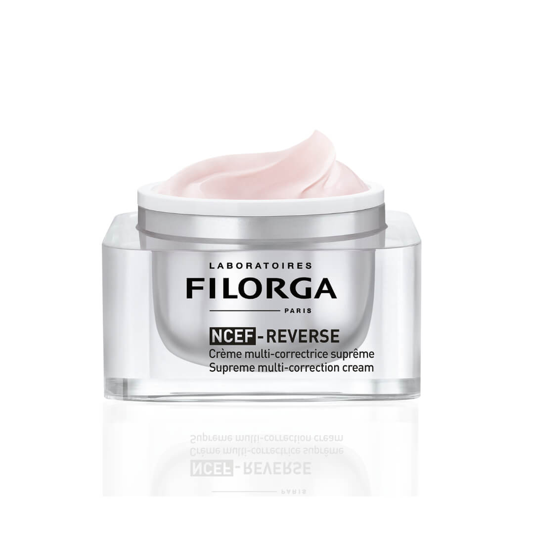 Closed Filorga NCEF-Reverse cream jar with visible brand and product name, highlights luxurious anti-aging skincare.