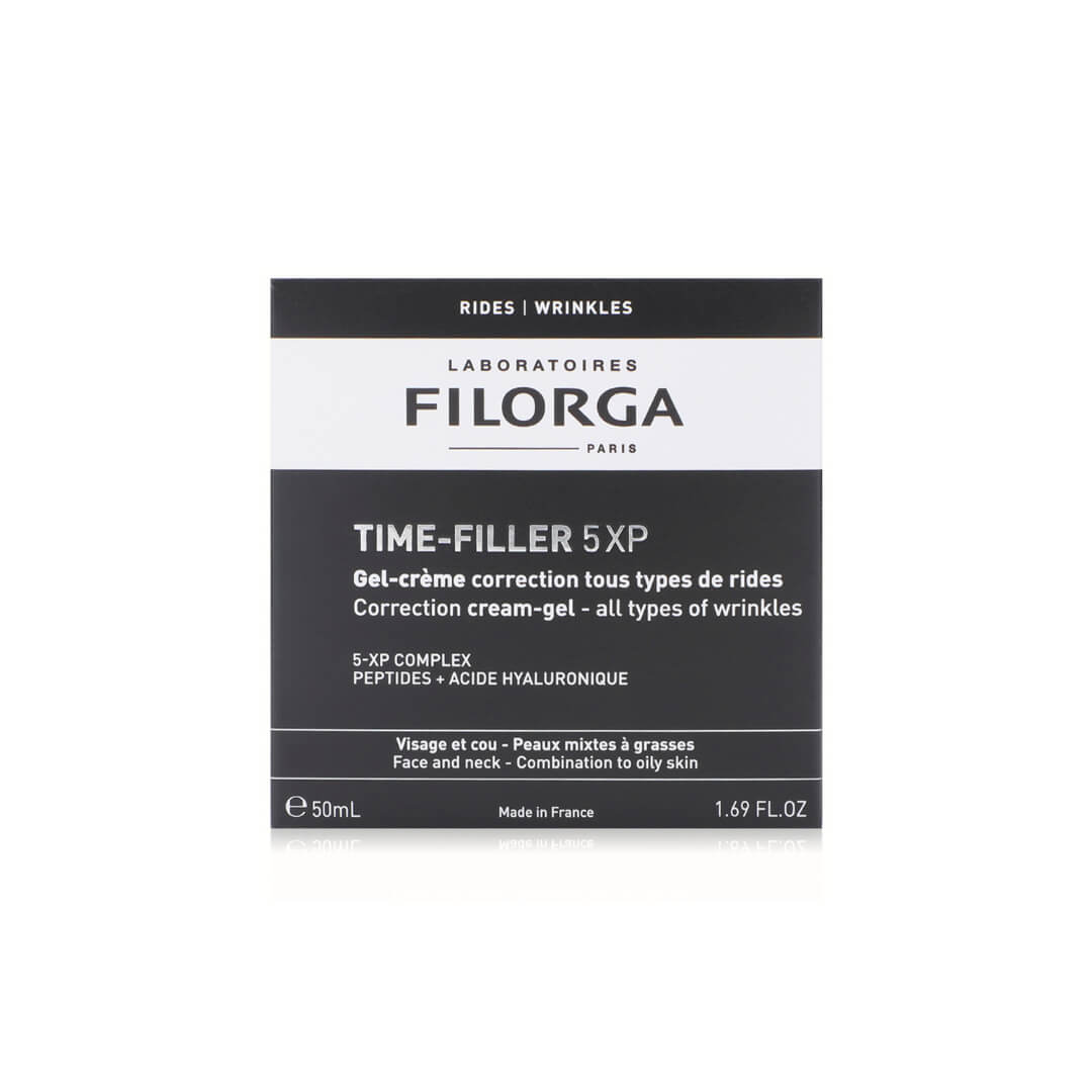 Filorga Time-Filler 5XP Cream in black packaging, highlighted for combination to oily skin, focusing on wrinkle smoothing and skin matting.