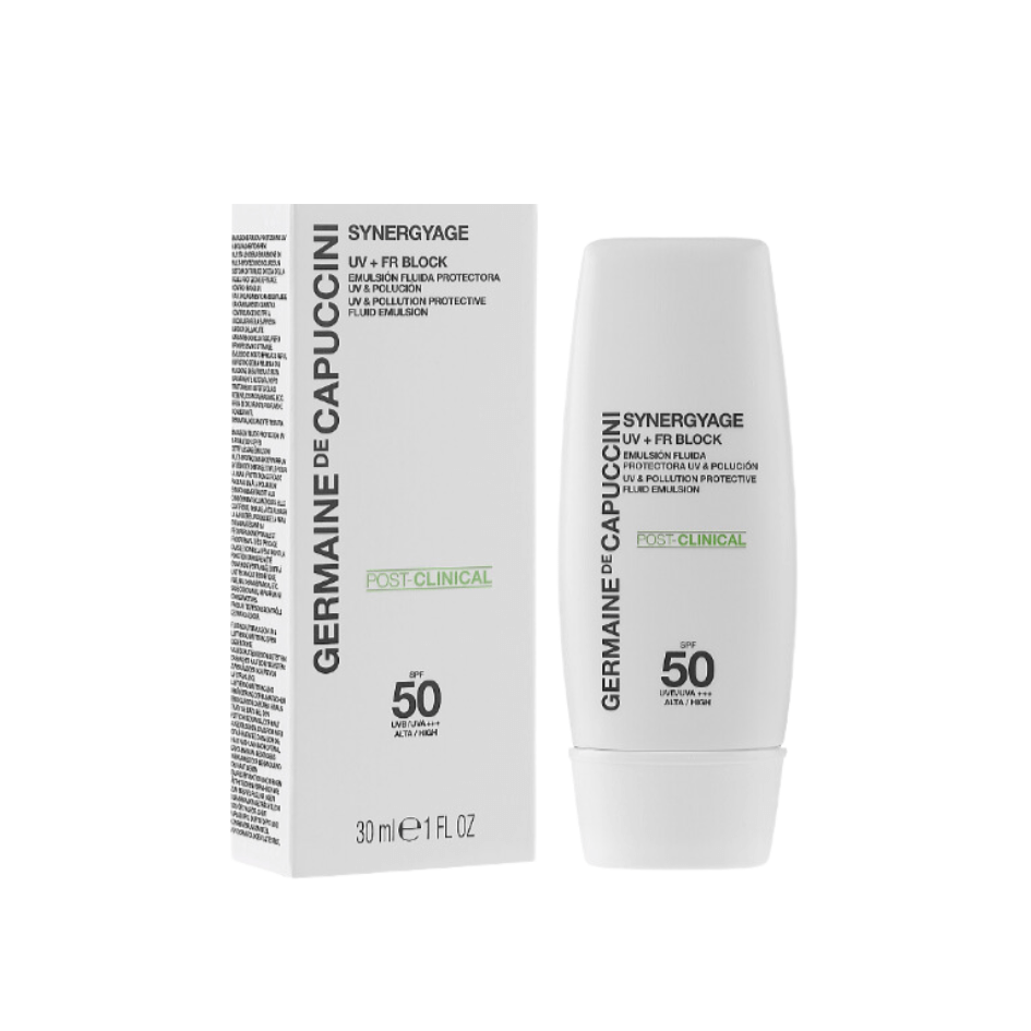 30ml white bottle of Germaine De Capuccini Synergyage UV + FR Block SPF 50, offers broad-spectrum and environmental protection.