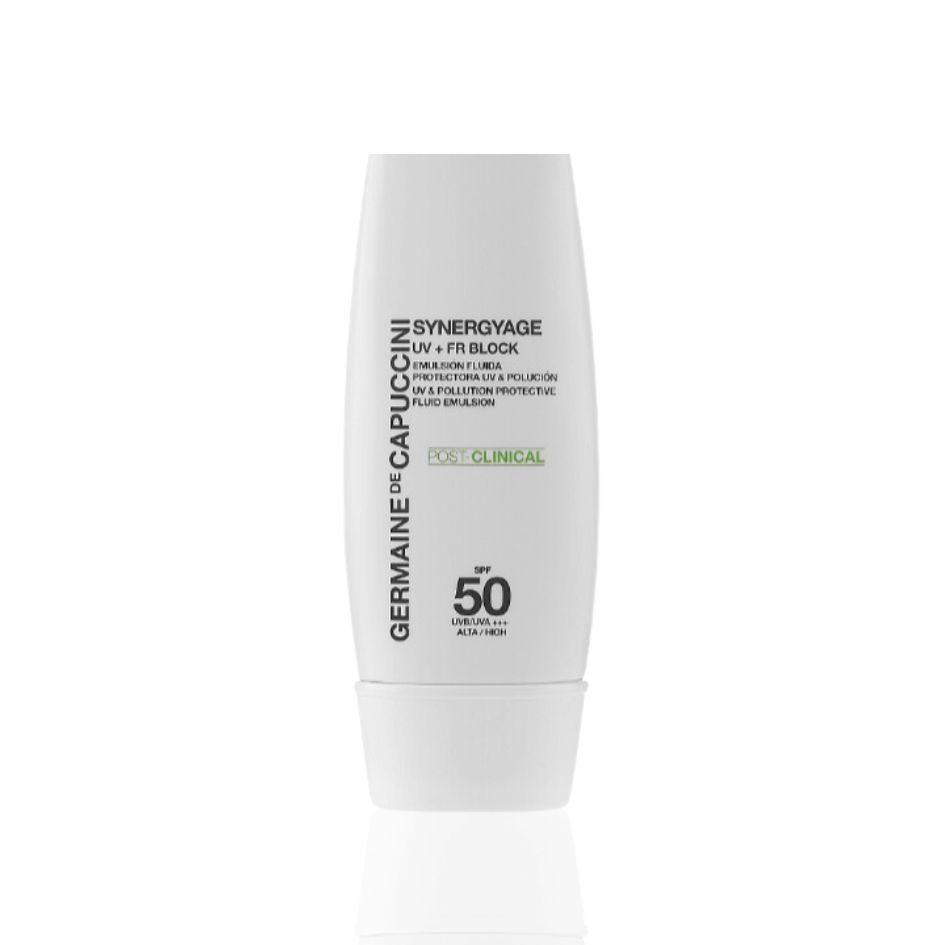 Close-up of Germaine De Capuccini Synergyage SPF 50, white bottle, protects against UV rays and environmental stressors.