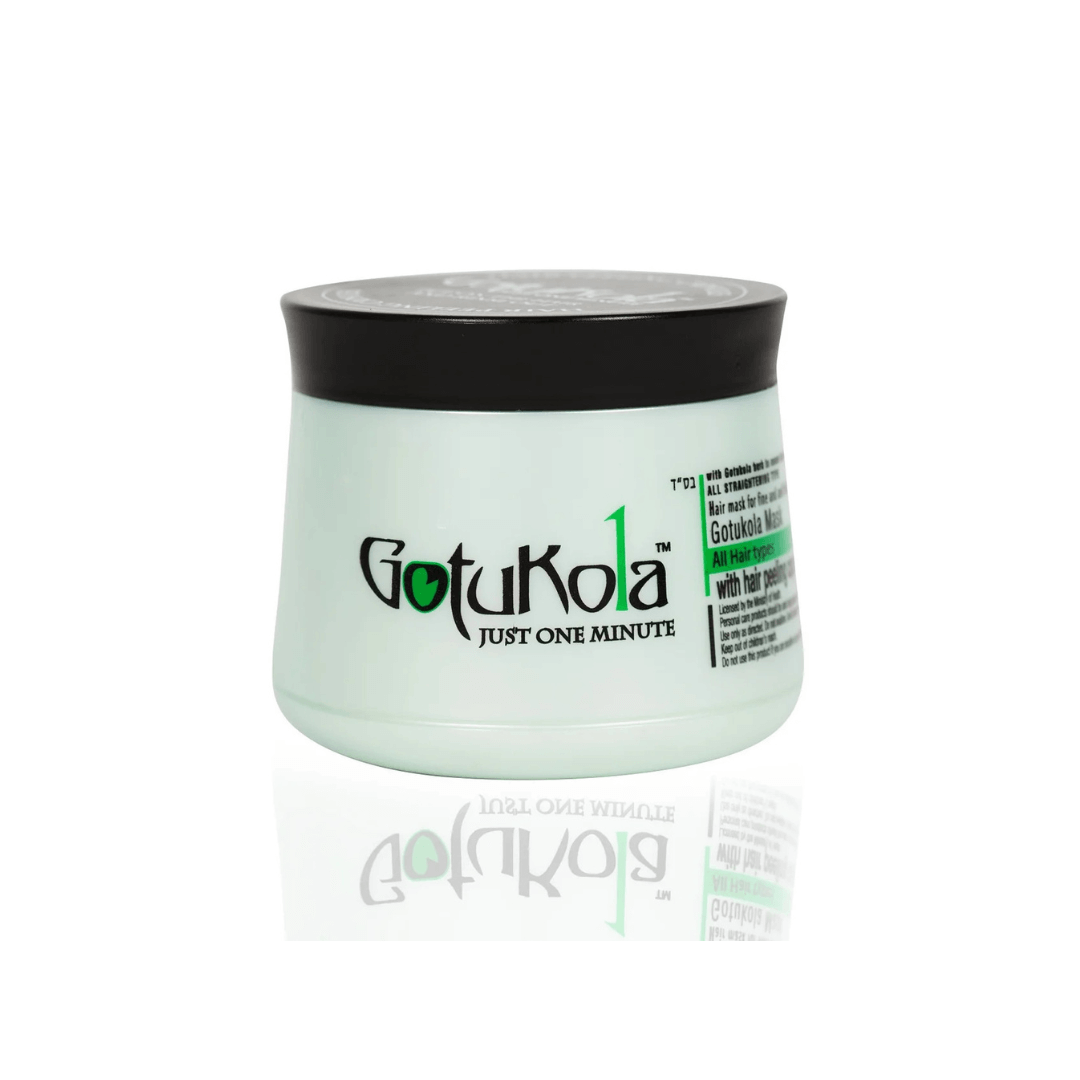 Reflective view of Gotukola Hair Mask tub emphasizing fast-acting hair nourishment and ease of use.