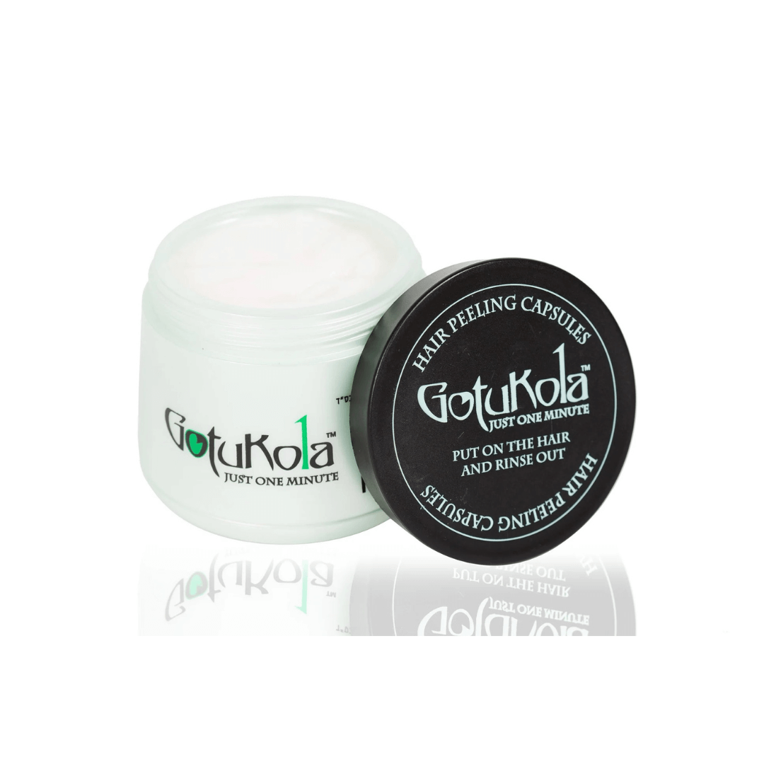 Open jar of Gotukola hair mask, showcasing white creamy keratin treatment for revitalizing hair in just one minute.