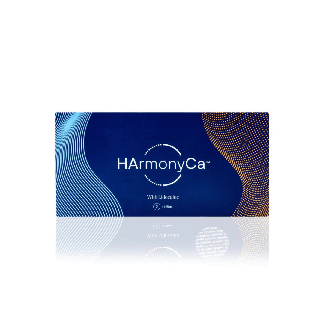 Close-up of HarmonyCa skincare product box featuring Lidocaine, 2 x 1.25ml, with detailed blue and orange wave design.