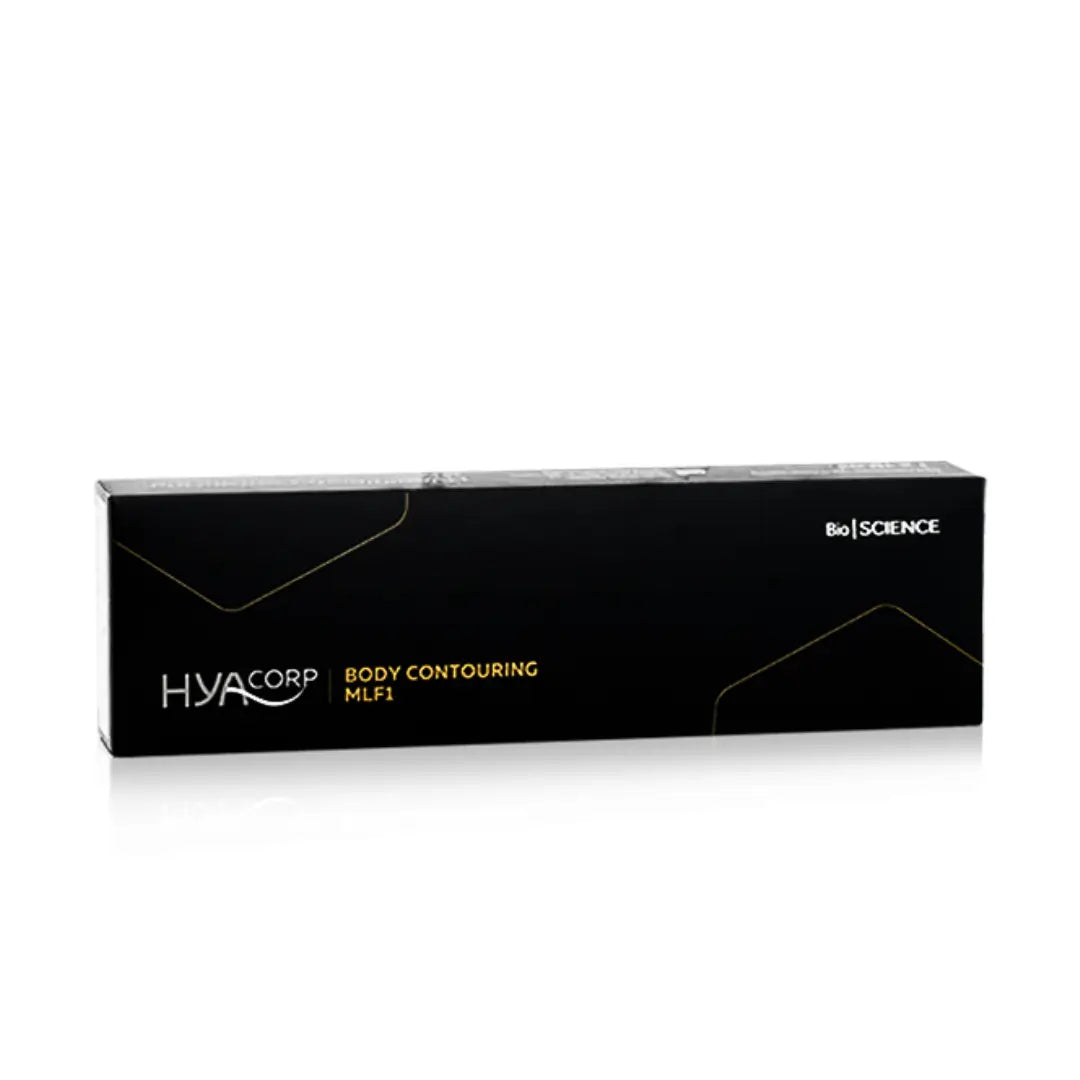 Black box of HYAcorp MLF1 body contouring product, designed for shaping small areas and restoring body volume, with white and gold branding.