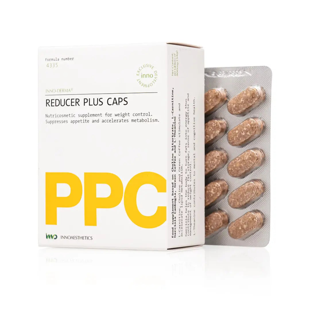 Open package of INNO-DERMA Reducer Plus Caps displaying capsules, nutritional aid for reducing appetite and boosting metabolism.