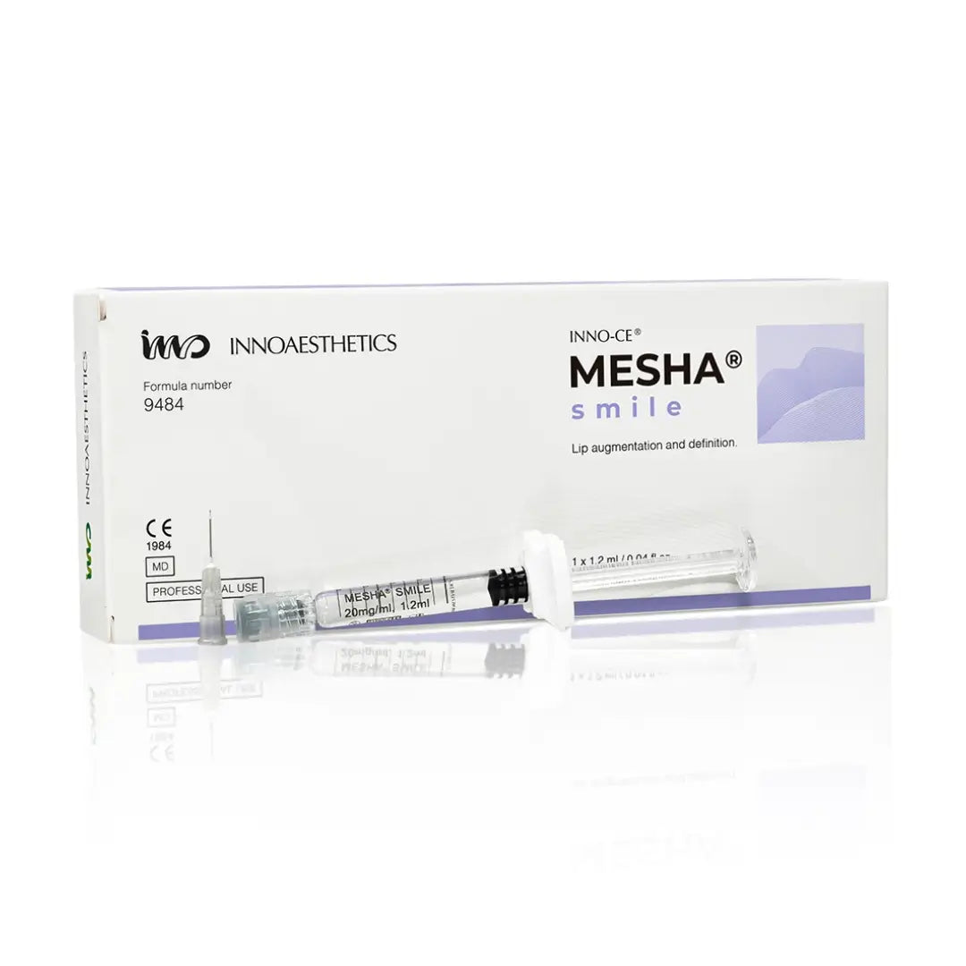 INNOAESTHETICS MESHA smile packaging with syringe illustration on a white background