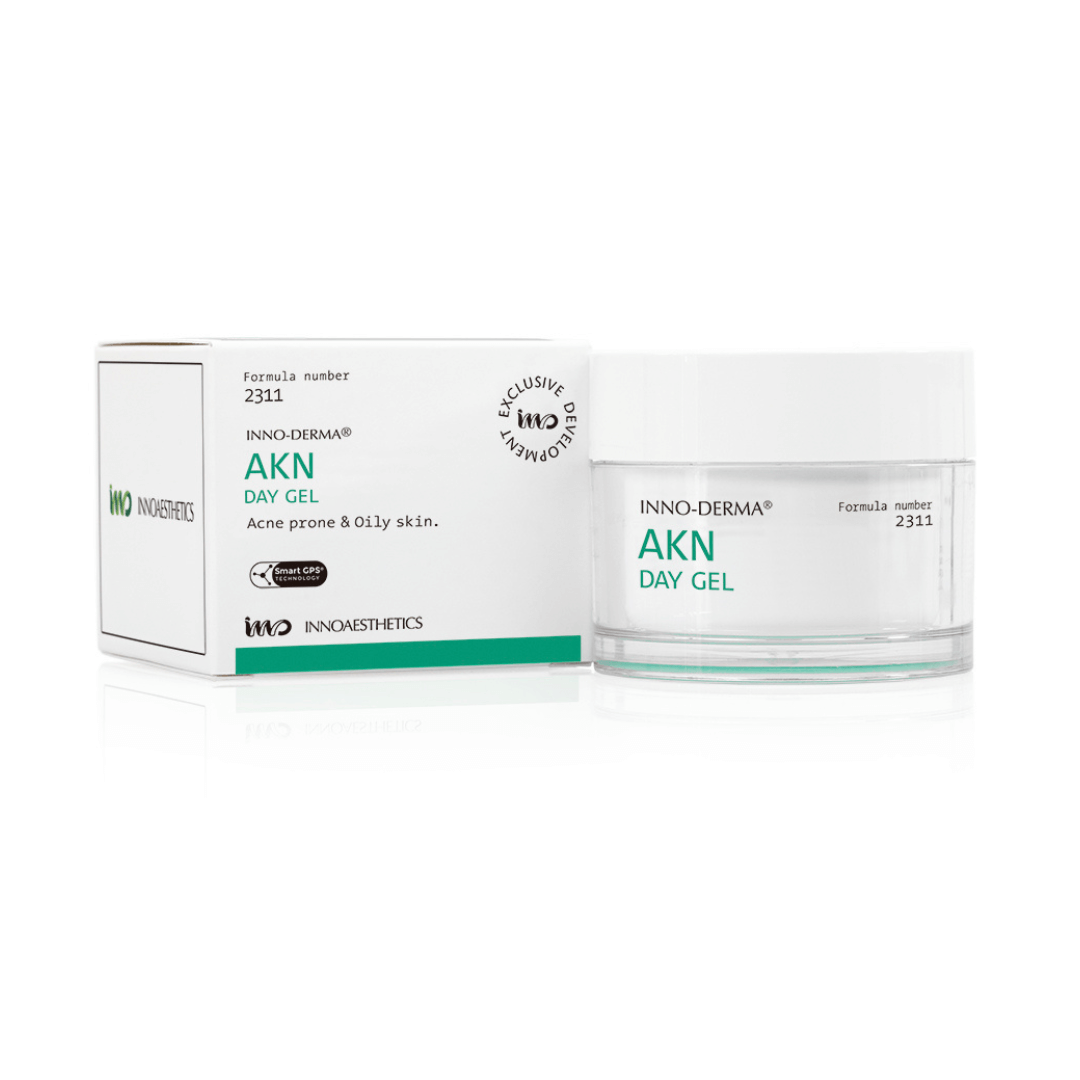 50ml Innoaesthetics INNO-DERMA AKN Day Gel and packaging, for oily and acne-prone skin, regulates oil, reduces pores.