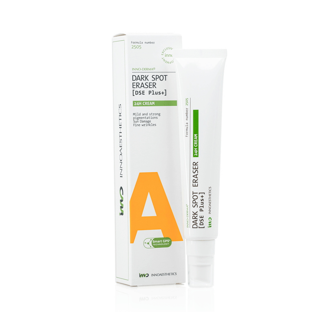 Innoaesthetics INNO-DERMA Dark Spot Eraser 24H Cream 50G tube and box, white packaging with green and orange accents.