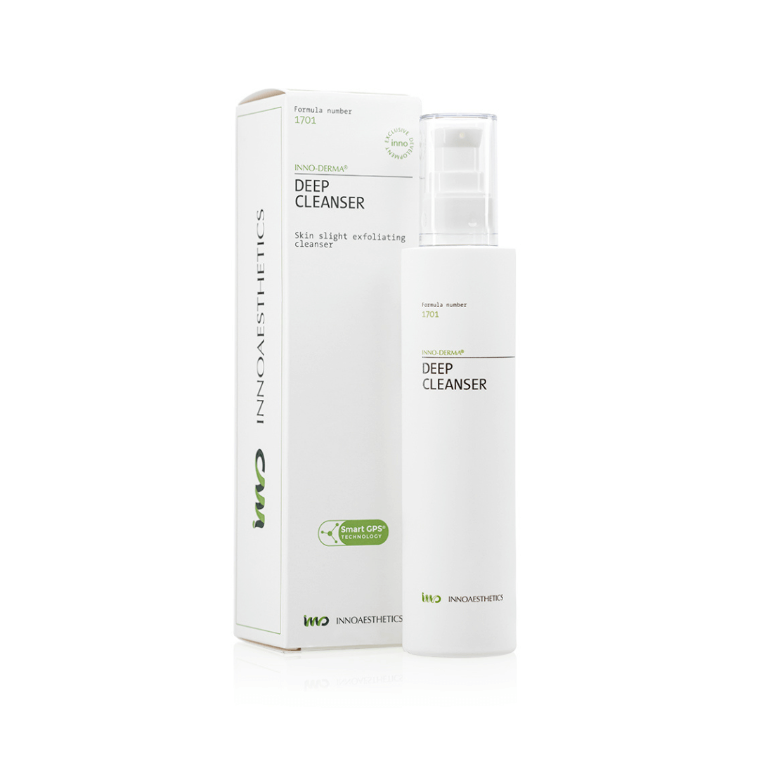 Innoaesthetics INNO-DERMA Deep Cleanser 200ML bottle and box, oil-free cleanser for oily and acne-prone skin, deeply detoxifies and regulates sebum, white packaging with green accents.