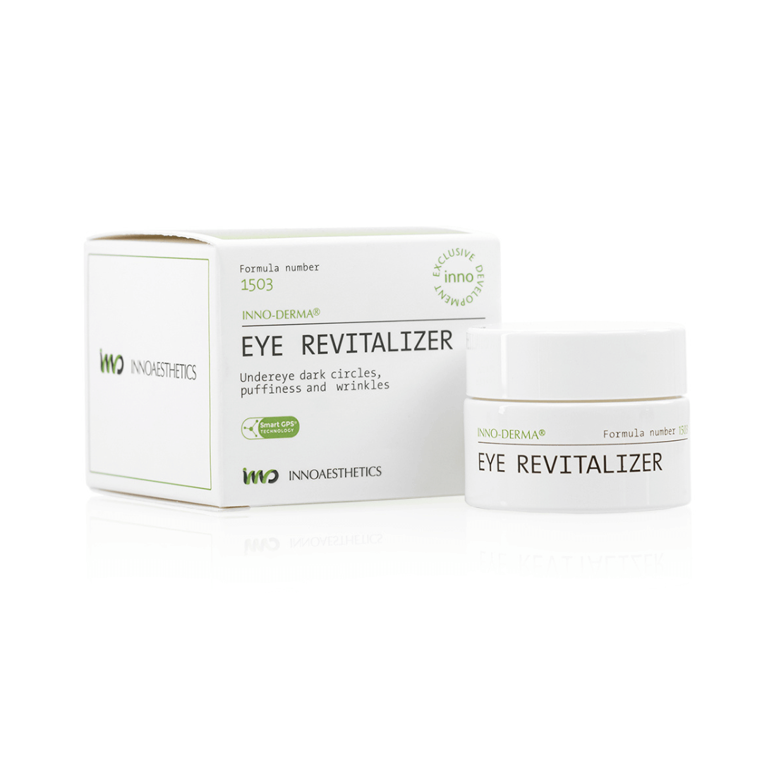 Innoaesthetics INNO-DERMA Eye Revitalizer 15G jar and box, treats under-eye puffiness, dark circles, and crow's feet, white packaging with green accents.