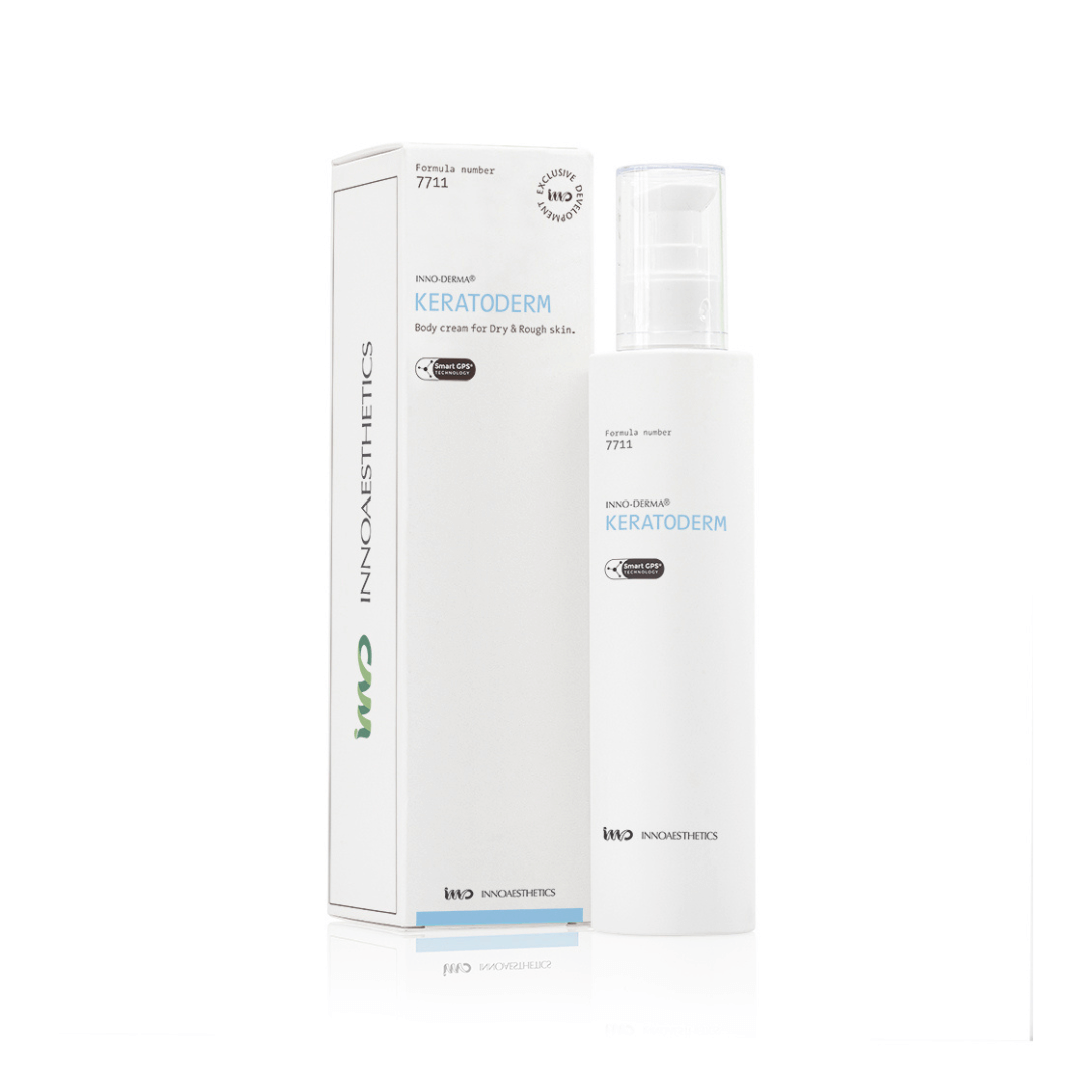 Innoaesthetics INNO-DERMA Keratoderm 200ML bottle and box, body moisturizer for dry skin, combats keratosis and xerosis, white packaging with green and blue accents.