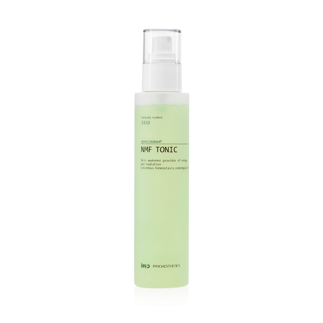 Innoaesthetics INNO-DERMA NMF Tonic 200ML bottle, invigorating and moisturizing toner that refreshes skin, light green packaging.