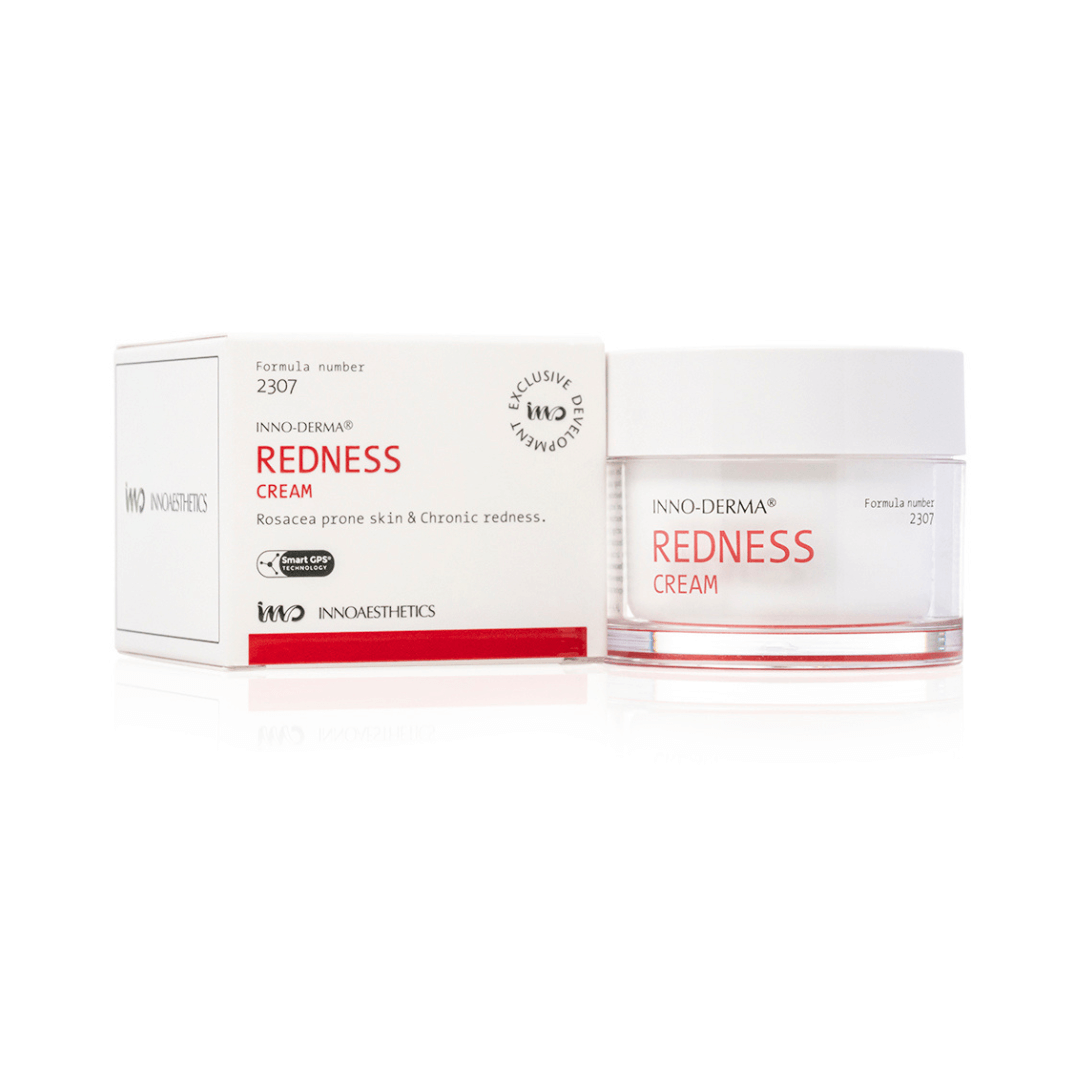 Innoaesthetics INNO-DERMA Redness Cream 50ML jar and box, facial moisturizer for hyper-reactive and rosacea-prone skin, white packaging with red accents.