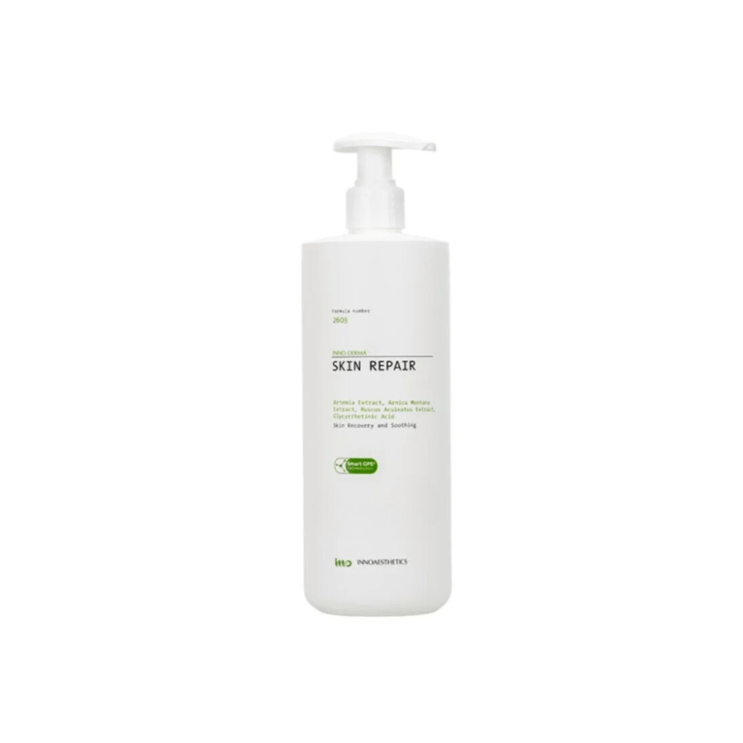 White INNO-DERMA Skin Repair bottle with pump, 500ml, soothes skin post-treatment.