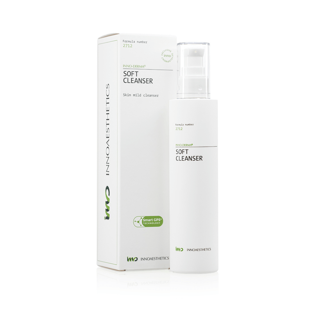 Innoaesthetics INNO-DERMA Soft Cleanser 200ML bottle and box, gentle facial cleanser for all skin types, maintains skin pH and hydrolipidic layer, white packaging with green accents.