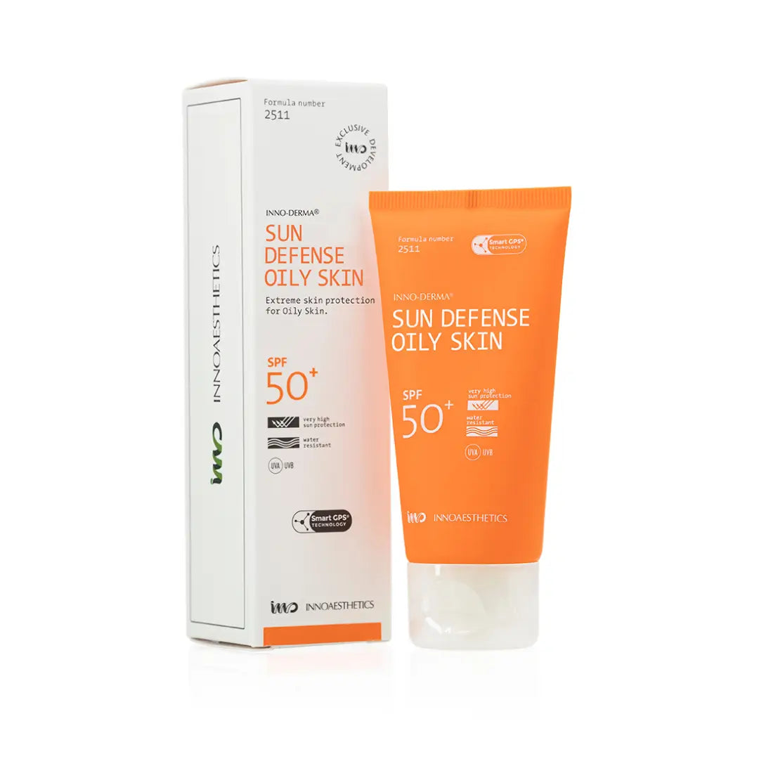 Innoaesthetics INNO-DERMA Sun Defense SPF50+ Oily Skin 60G tube and box, broad-spectrum oil-free sunscreen for oily skin, regulates sebum, orange packaging.