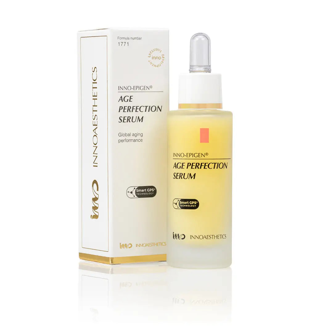 Innoaesthetics INNO-EPIGEN Age Perfection Serum 30ML bottle and box, antiaging serum promoting collagen synthesis, white and yellow packaging.