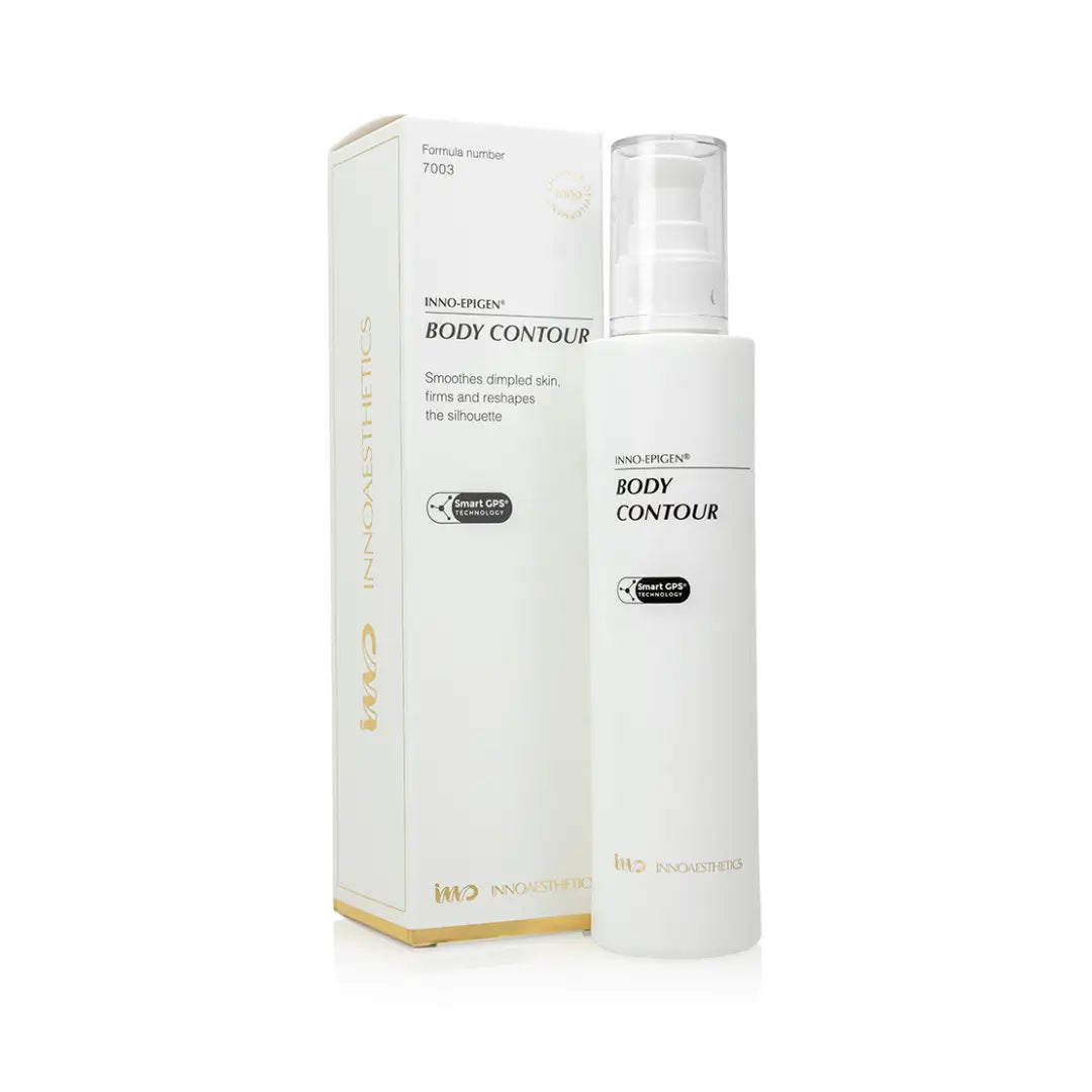 Innoaesthetics INNO-EPIGEN Body Contour 200ML bottle and box, body slimming and firming cream, white and gold packaging.