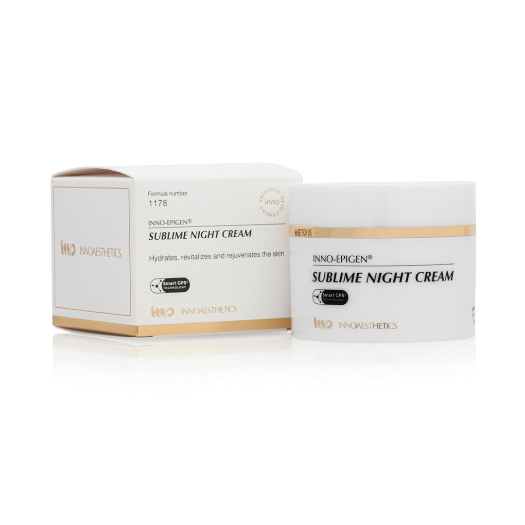 Innoaesthetics INNO-EPIGEN Sublime Night Cream 50ML jar and box, anti-aging moisturizing night cream that promotes tissue regeneration, white and gold packaging.