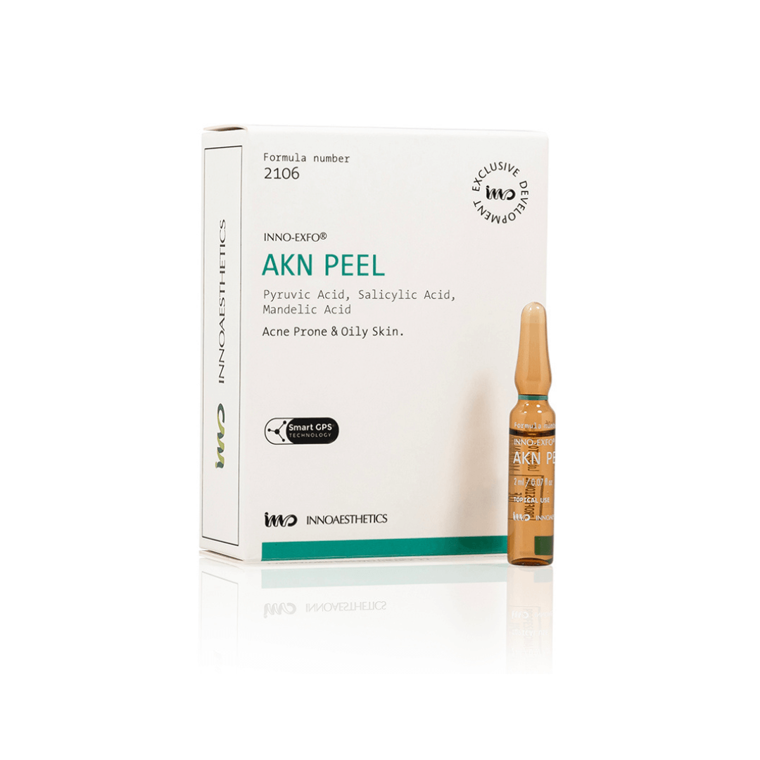 Innoaesthetics INNO-EXFO Akn Peel 6 vials of 2ML each, specialized solution for oily skin to balance sebum and clear pores, white and green packaging.