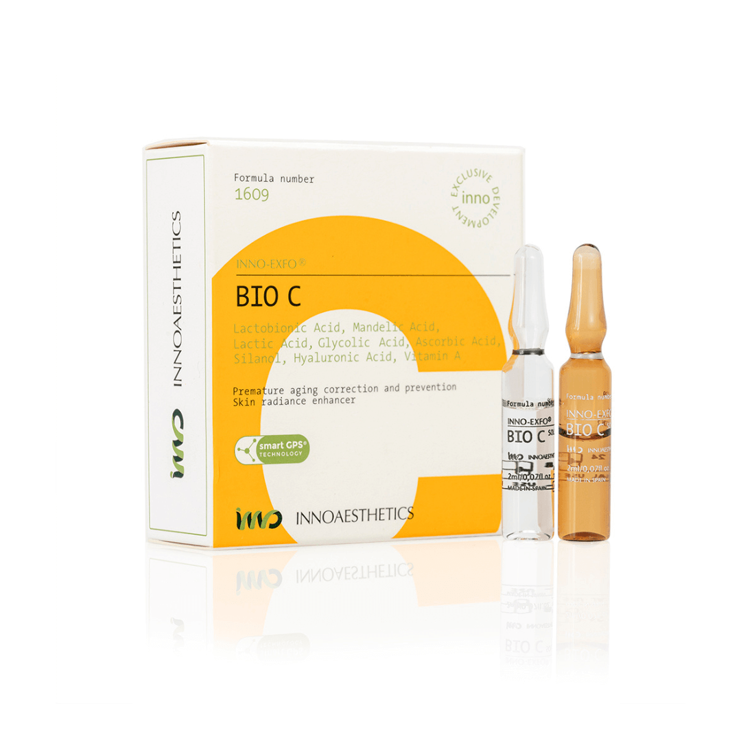 Innoaesthetics INNO-EXFO Bio C kit with 10 vials (5 + 5) of 2ML each, enhances skin hydration and radiance, displayed beside box, white and yellow packaging.