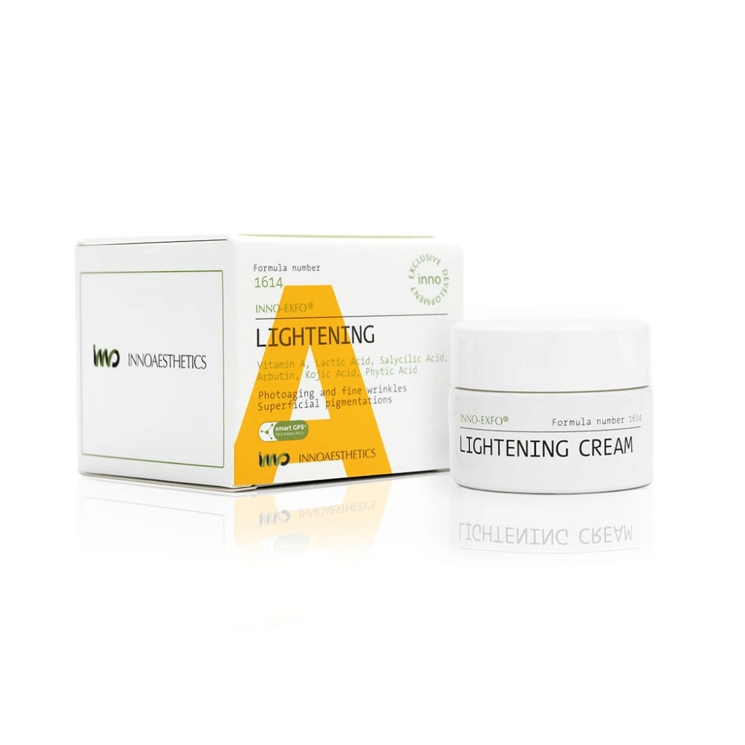 Innoaesthetics INNO-EXFO Lightening Cream 15G jar and box, treatment for facial photoaging and dark spots, white and yellow packaging with green accents.