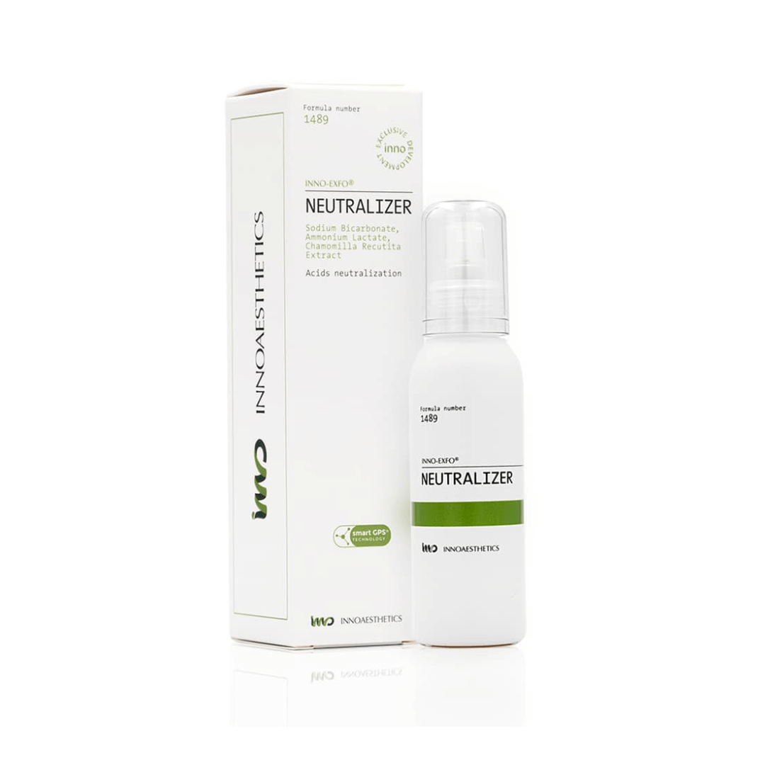 Innoaesthetics INNO-EXFO Neutralizer, 100ML, white bottle with green label, designed to control and neutralize skin reactions to alpha-hydroxy acids, featured next to its white and green box.