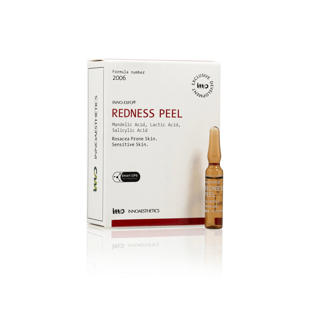 Innoaesthetics INNO-EXFO Redness Peel, 6 X 2ML, targeting rosacea and sensitive skin with a blend of Mandelic, Lactic, and Salicylic Acid, displayed alongside its white box with minimalist design.