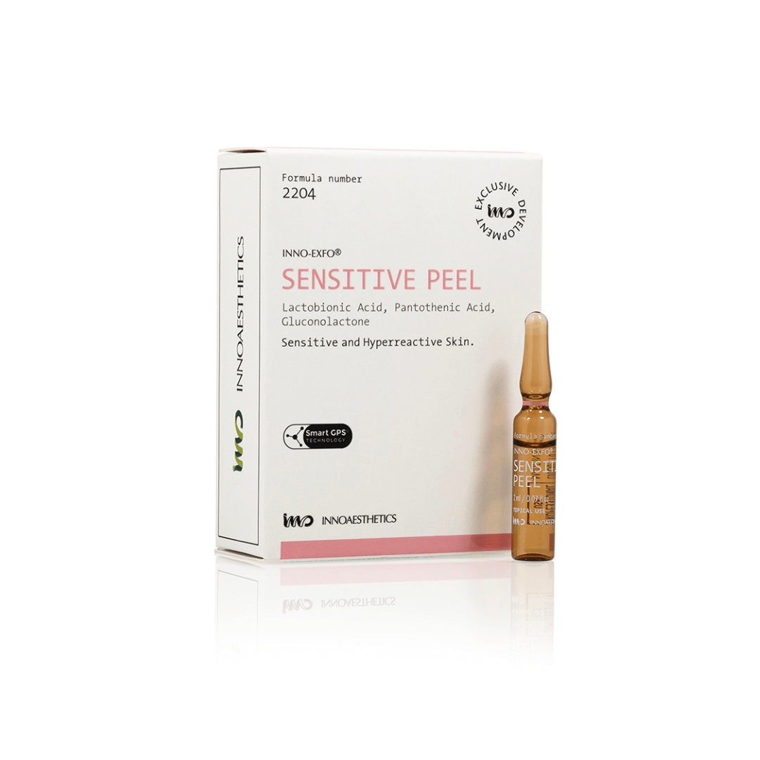 Box and vial of INNO-EXFO Sensitive Peel for sensitive skin, 6 vials of 2ml each.