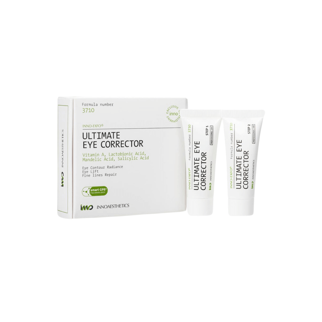 Innoaesthetics INNO-EXFO Ultimate Eye Corrector box and two tubes, 2 x 10g each, targets eye contour issues like photoaging and crow's feet.