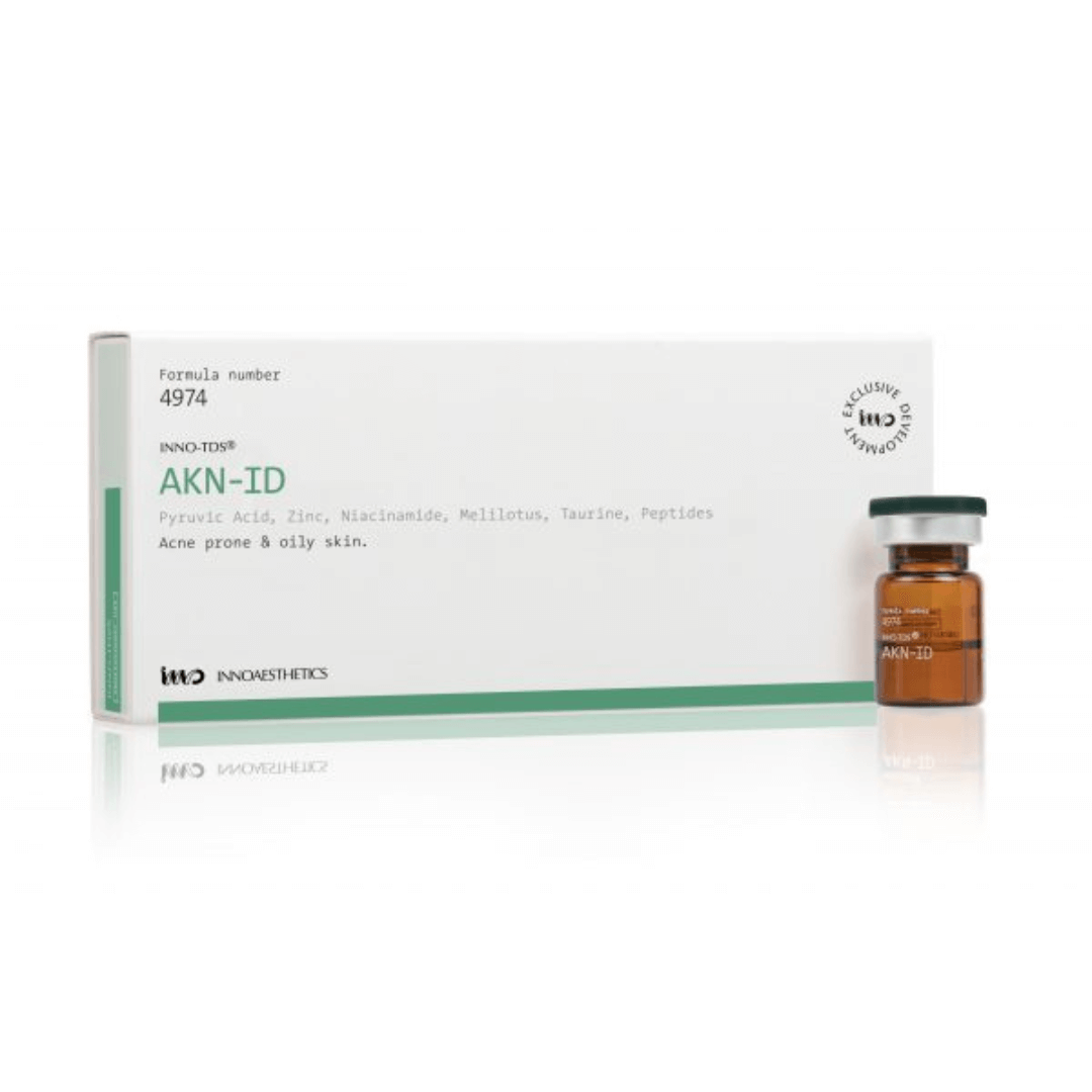 Innoaesthetics INNO-TDS AKN-ID box with a vial, targeting acne-prone and oily skin, contains 4 x 2.5ml vials.