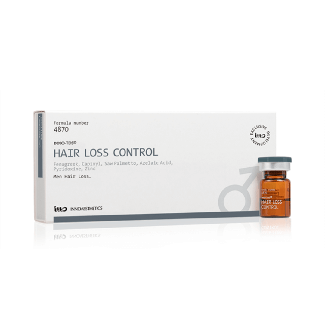 Innoaesthetics INNO-TDS Hair Loss Control packaging with a display vial, containing 4x2.5ml vials for treating male pattern baldness, enhancing scalp circulation, and hair anchoring.