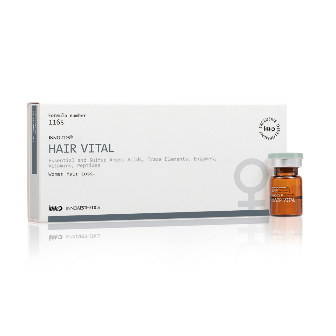 INNO-TDS Hair Vital box and vial for women's alopecia treatment, 4x2.5ml, boosts hair density.