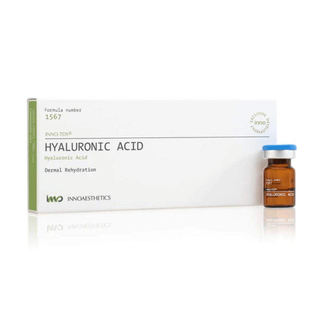 INNO-TDS Hyaluronic Acid, 4x2.5ml vials in a box with one vial displayed, for skin hydration.