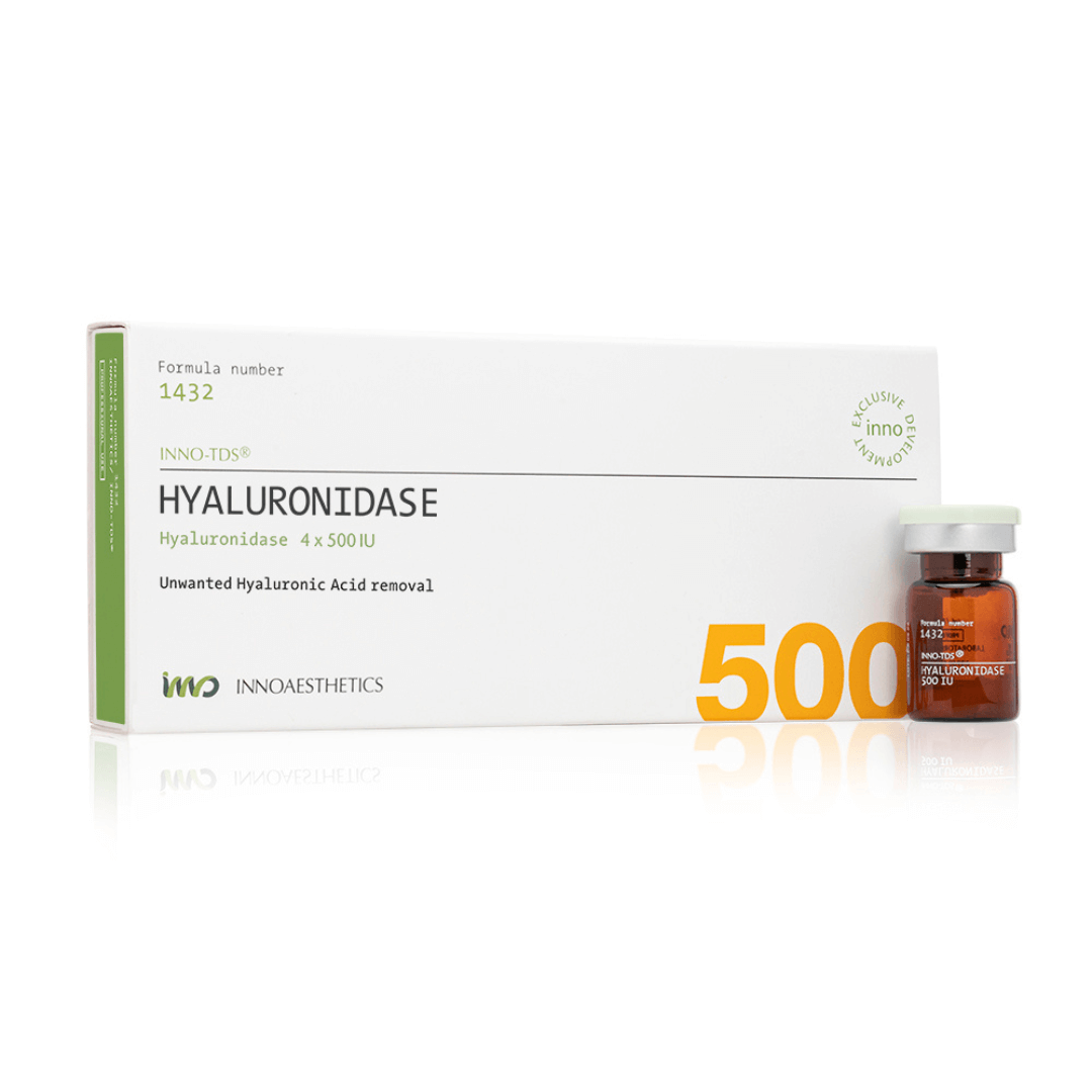 INNO-TDS Hyaluronidase, 4x500 IU vials in a box with one vial displayed, used for dispersing Hyaluronic Acid in professional treatments.