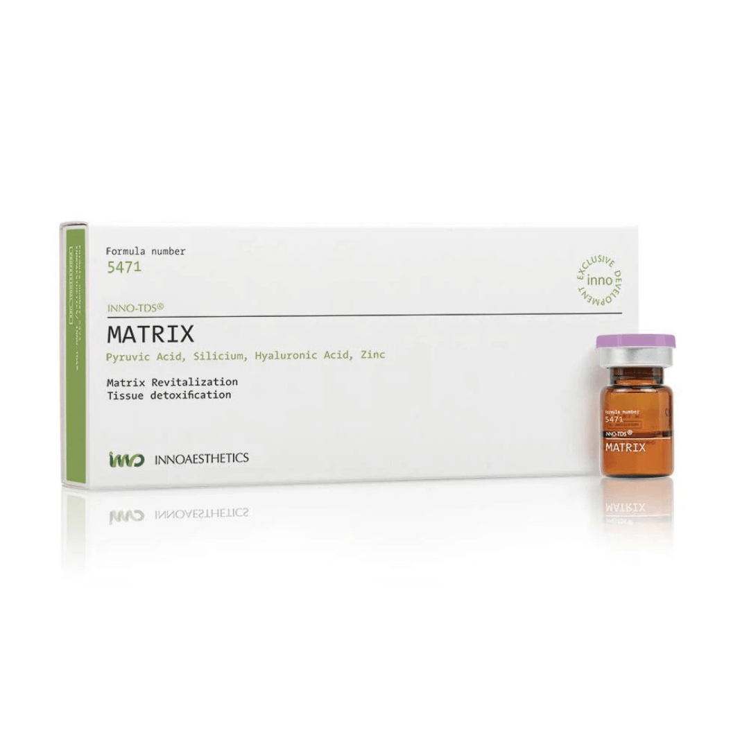 INNO-TDS Matrix, 4x2.5ml vials in a box with one vial displayed, for skin biorevitalization and tissue detoxification.