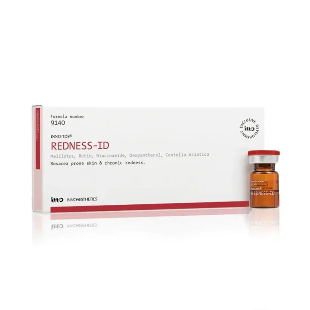 Box and vial of INNO-TDS Redness ID, a skincare solution for redness and sensitive skin, showing 4 vials per kit.