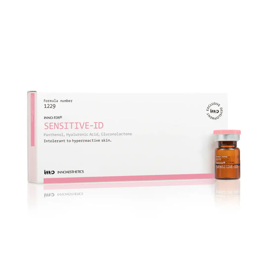 Box and vial of INNO-TDS Sensitive ID, a skincare solution for soothing sensitive skin and improving skin resilience, with 4 vials per kit.